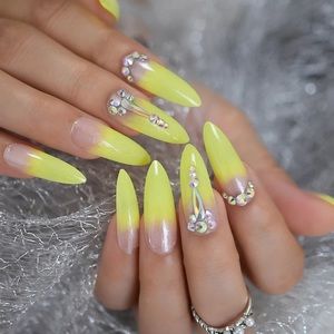 Long Coffin Fake Press On Nail Set Yellow Ombré